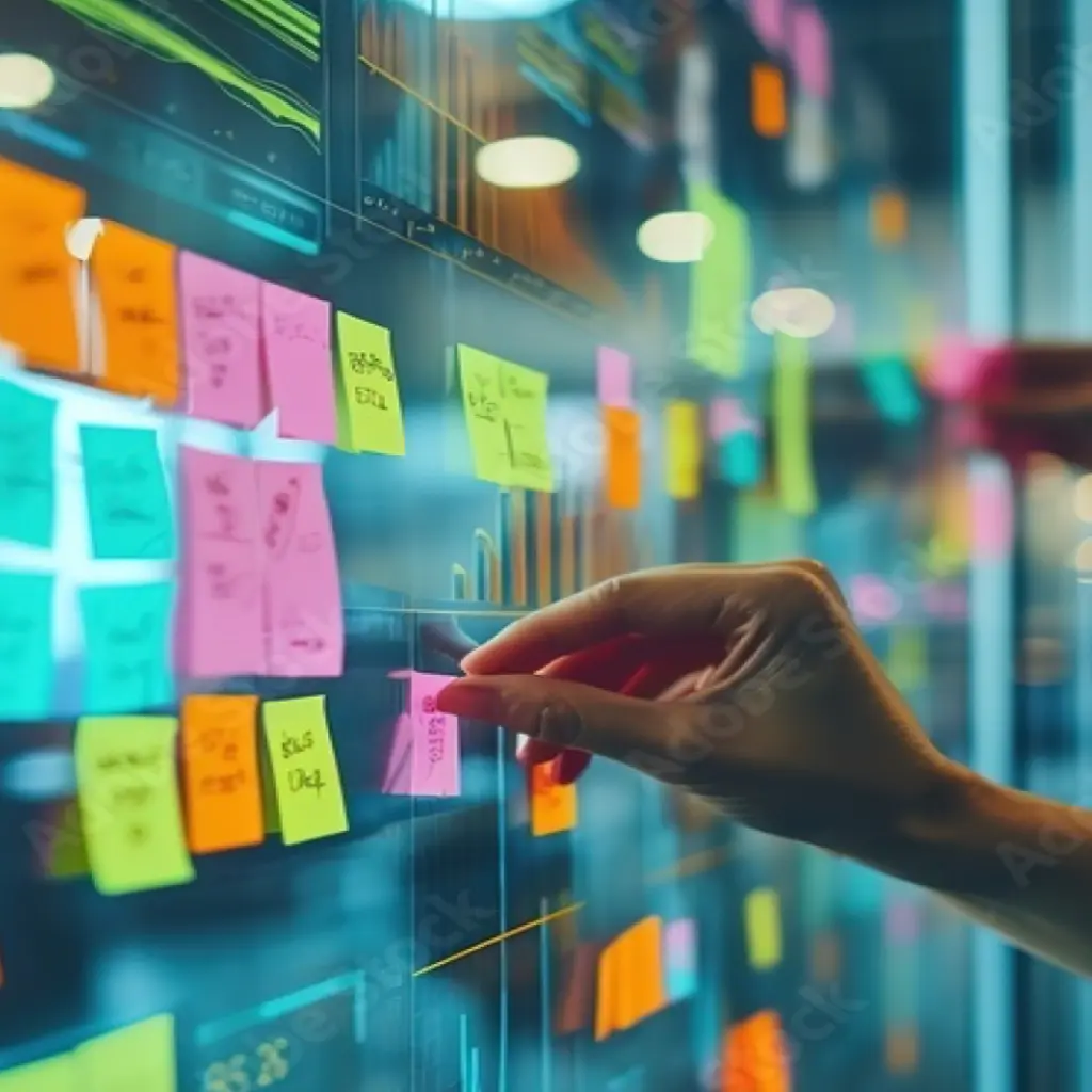 Eine Hand klebt ein Post-It an ein Board