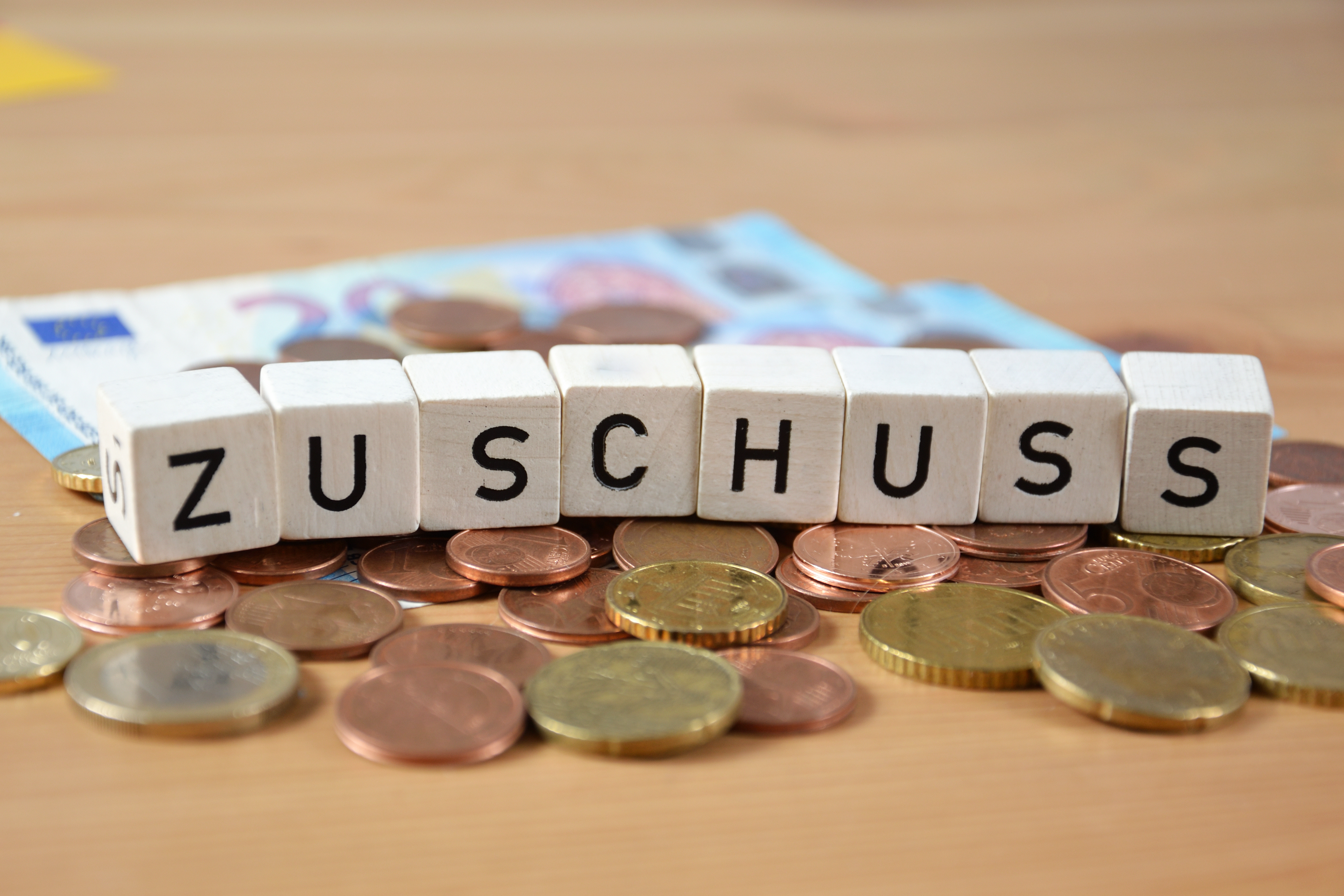 Buchstabenwürfel die das Wort Zuschuss ergeben. Darunter liegen Geldscheine und Münzen.